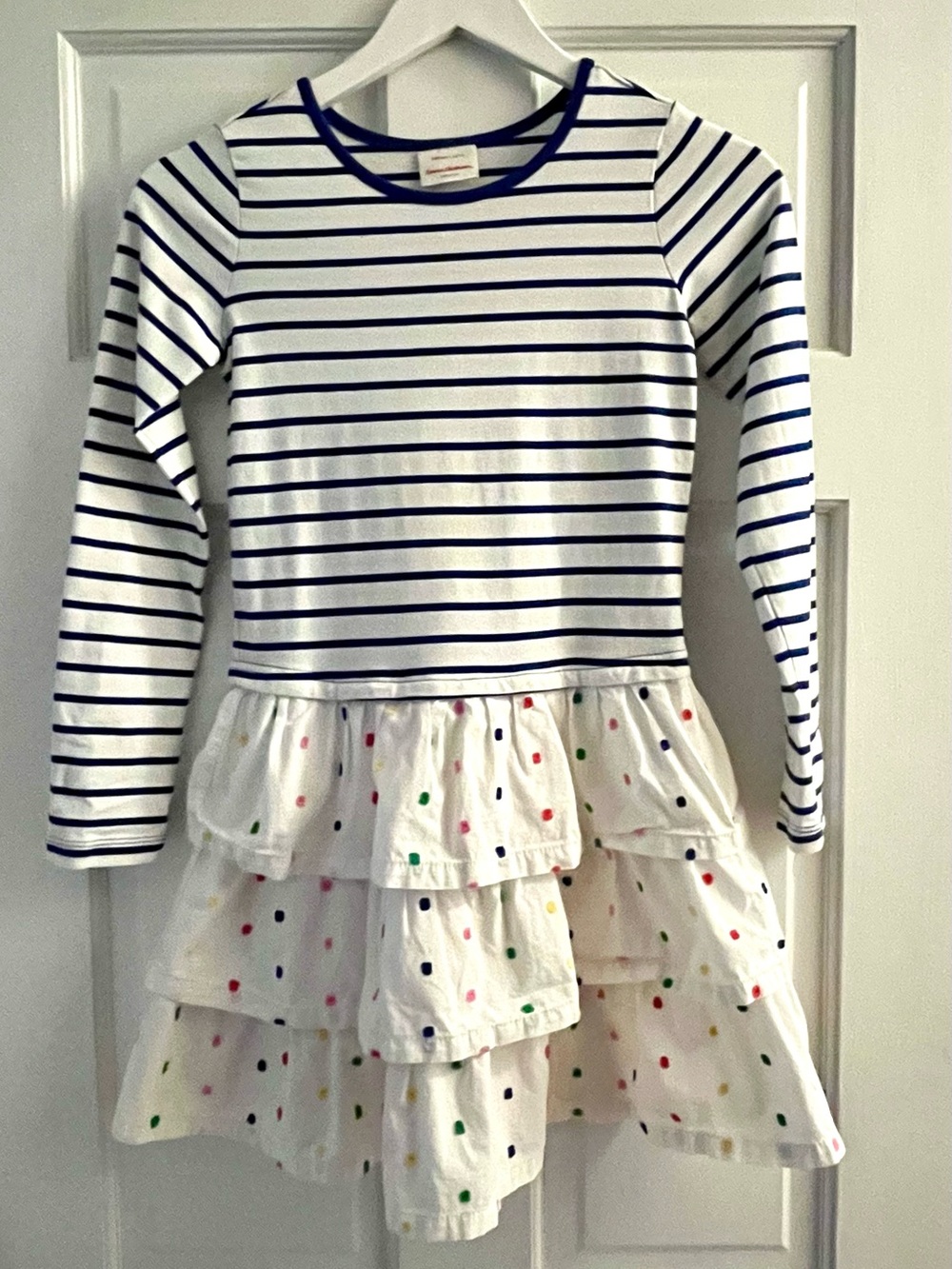 Hanna Andersson Navy Stripe Top with White Polka Dot Tiered Skirt Dress